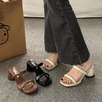 fashion 2024 Summer Open Toe Women Silvery Slippers Fashion Elegant Slip On Soft Sole Shoes Ladies Outdoor Dress High Heel Sandalias 35 бежевый