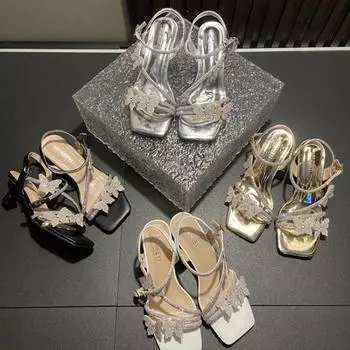 Мода 2024 года, летняя женская обувь в стиле ретро, роскошные босоножки, женский бежевый костюм на высоком каблуке, оригинальный бархат, модные черные туфли для девочек, новые низкие со стразами 35