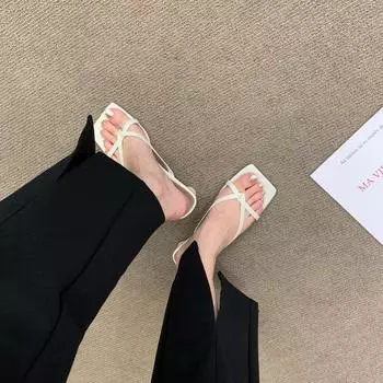 Мода 2024 Лето Серебристые Женские Тапочки Модные Элегантные Узкие Шлепанцы С Открытым Носком Туфли Дамы Уличное Платье Высокий Каблук 35 чёрный