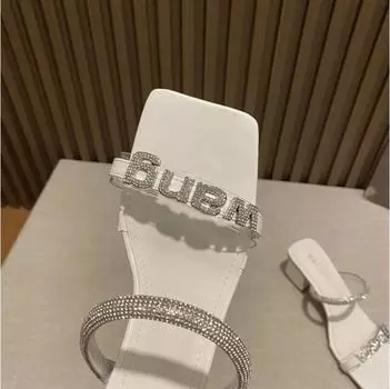 Fashion 2024 Summer Slides Open Toe Women Slipper Fashion Female Outdoor Thick Heel Rhinestone Sandal Slip on Beach Slides Sexy Pumps 35 белый