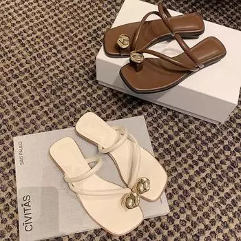 Fashion 2024 Summer Women 2cm Square Toe Low Heels Shoes Female Metal Decoration Open Toe Slippers Lady Outside Casual Slip On Slides 35 абрикосовый