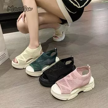 fashion 2024 Summer Women Mesh Wedges Sandals Solid Open Toe Stretch Orthotic Slip On Platform Shoes Ladies Casual Back Strap Footwear 35 бежевый