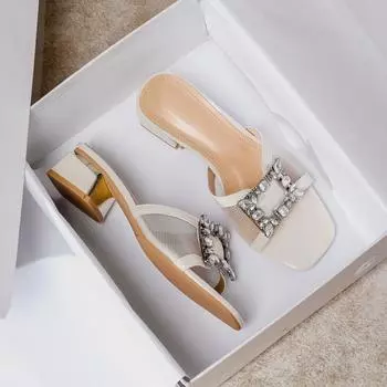 fashion 2024 summer women s outerwear slippers ladies casual shoes metal and rhinestones sexy style party and work wear High heel 41-43 35 слоновая кость