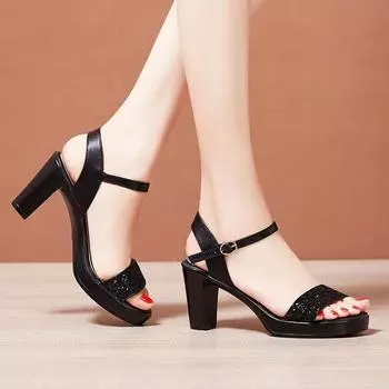 fashion 2024 Summer Women s Sandals Outdoor Mid Heel Shoes for Women Open Toe Platform Shoes Round Toe Dress Bling Buckle Strap Slides 36 чёрный