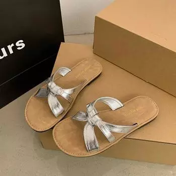 Fashion 2024 Summer Women s Sandals Solid Color Flash Flat Cross-belt Flat Women s Sandals Fashion Non-slip Outdoor Women s Shoes 35 серебряный