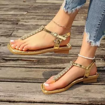 Fashion 2024 Summer Women s Sandals Solid Color Casual Comfortable Non-slip Fashion Flat with Women Sandals Zapatos Para Mujeres 36 золотой