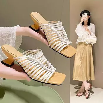 Fashion 2024 Summer Women s Shoes Designer Open Toe Slippers Fashion Thin Strap Woven Leather Shoes Women s Casual Mules Sandals 34 белый