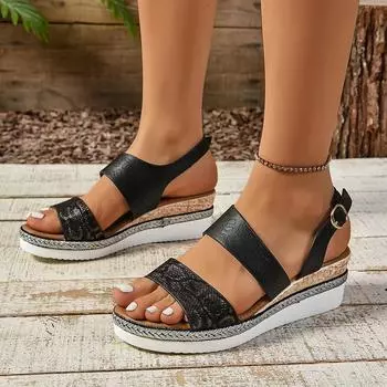 мода 2024 Летняя женская обувь Модные женские сандалии с открытым носком и цветными блоками Большие размеры Женские римские сандалии с ремешком на танкетке 36 цветной печати леопарда