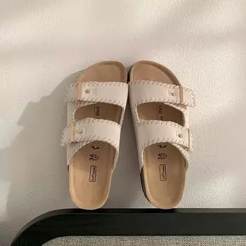 Fashion 2024 Summer Women s Two Buckle Cork Slippers Cow Suede Leather Flats Sandals For Women Retro Sewing Garden Mule Clog Slides 35 абрикосовый