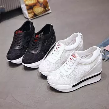 Fashion 2024 Summer Women Shoes Wedge Mesh Lace Up Joker Small White Shoes Breathable Thick Bottom Platform Shoes Casual Sneaker Shoes 35 чёрный