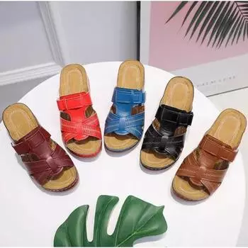 Fashion 2024 Summer Women Wedge Sandals Premium Orthopedic Open Toe Sandals Vintage Anti-Slip Leather Casual Female Platform Retro Shoes 35 чёрный