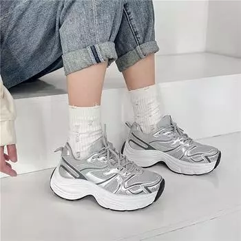 Fashion 2024 Thick Sole Sneakers Women s Vulcanized Shoes Thick Sole Tennis Women s Breathable Walking Lace Up Shoes 36 серебряный