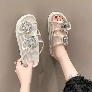 Мода 2024 года, летние повседневные тапочки на толстой подошве с квадратной пряжкой и ромбовидным узором, с двумя ремешками, для внешней носки, сандалии 35 серебряный