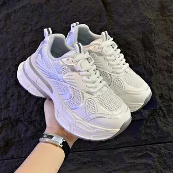 Мода 2024 года. Женская кожаная сетчатая сетка с толстой подошвой. Модная противоскользящая дышащая спортивная обувь на толстой подошве для весны и лета. 35 красный