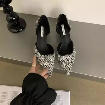 Мода 2024 года, трендовые женские босоножки с острым носком, модная женская обувь на среднем каблуке, вечерние туфли, неглубокие сексуальные босоножки, новые элегантные туфли на шпильке 34 чёрный