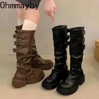 Мода 2024 года. Тенденция. Женские сапоги в стиле ковбой в стиле вестерн. Модные длинные сапоги в стиле рыцаря. Квадратные каблуки. Обувь на осень и зиму. 35 коричневый