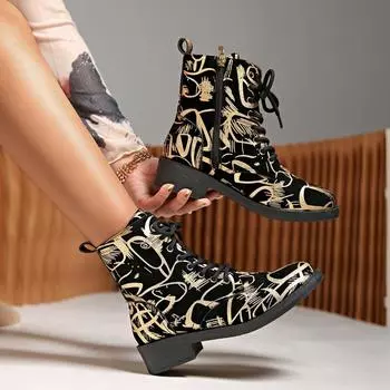 Fashion 2024 Trendy Classic Women s Ankle Motorcycle Boots Low Heel Winter New Lace-Up Anti-Slip Mountaineering Fashion Boots 35 золотой