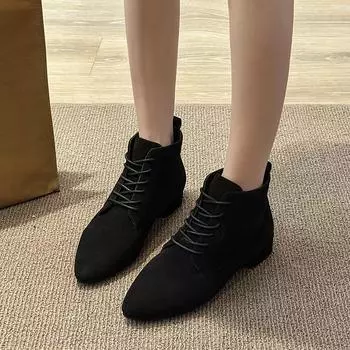 Fashion 2024 Winter Basic Shoes for Women Lace-up Women s Ankle Boots Pointed Toe Low Heel Ladies Boots Plus Size Casual Shoes Female 36 хаки