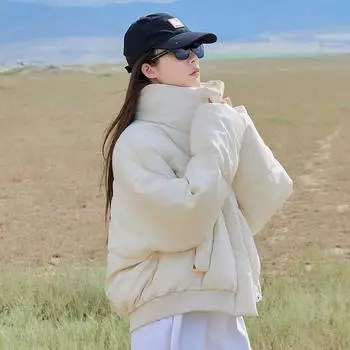 FASHION 2024 winter clothing new college style loose and thin thickened small stand-up collar short cotton-paddedwomen s trendy Clothes S чёрный