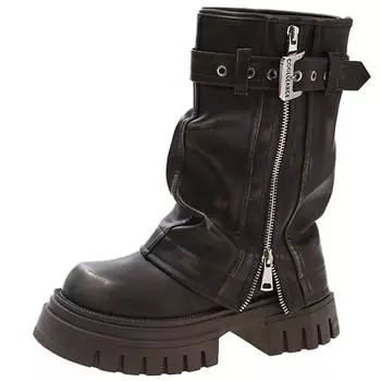 Мода 2024 Зима Дизайнерские женские сапоги до середины икры Короткие сапоги в стиле вестерн Мягкие кожаные сапоги с пряжкой на ремне Модные туфли на толстой платформе 35 коричневый