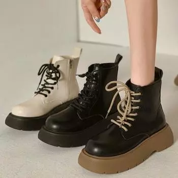 мода 2024 Зимняя мода женские ботинки на шнуровке с круглым носком бежевые ботинки из искусственной кожи на среднем каблуке с квадратным каблуком женские 35 бежевый