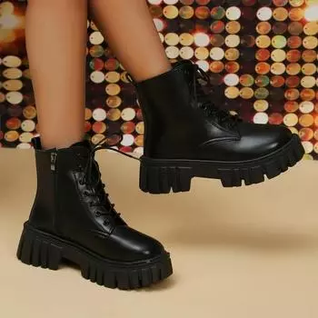 Fashion 2024 Winter Hot Selling Women s Fashion Boots High Quality Round Toe Solid Color Lace-up Mid-heel Zipper Women s Short Boots 35 чёрный