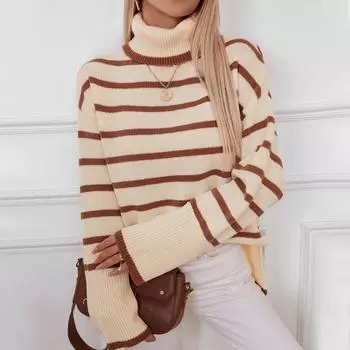 Fashion 2024 Winter Knitted Pullover European and American Lapel Temperament Commuter Striped Large Size Women s Sweater Women s S абрикосовый