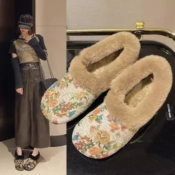 Fashion 2024 Winter New Cashmere and Thick Warm Women s Casual Cotton Shoes Vintage Embroidered Mother Shoes 35 хаки