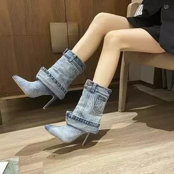Fashion 2024 Winter New Women s Fashion Denim Pointed Toe High Heels Mid-calf Fashion Boots Women s Sleeve Cowboy Boots 35 синий