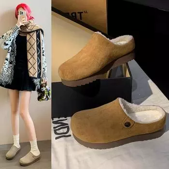 Fashion 2024 Winter New Women s Furry Slippers Thick-soled Soft Warm Cotton Slippers Women s Comfortable and Fluffy Home Loafers 35 верблюд