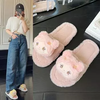 Fashion 2024 Winter New Women s Home Solid Color Cartoon Decorative Fluffy Furry Cotton Slippers 36-37 чёрный