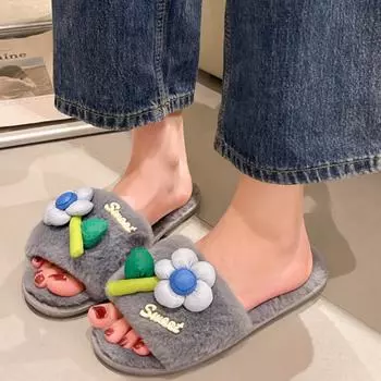 Fashion 2024 Winter New Women s Home Solid Color Flower Decorated Fluffy Furry Cotton Slippers 36 серый