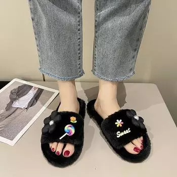 Мода 2024 Зима Новые женские домашние однотонные цветочные конфетные пушистые хлопковые тапочки 36-37 чёрный