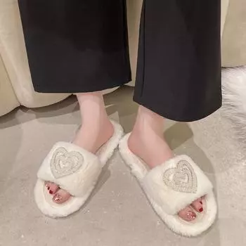 Мода 2024 Зима Новые женские домашние однотонные тапочки из хлопка с жемчугом и стразами 36-37 чёрный