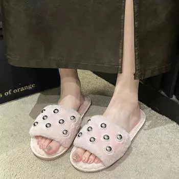 fashion 2024 Winter New Women s Home Solid Color Metal Ball Decorated Fluffy Furry Cotton Slippers 36-37 чёрный