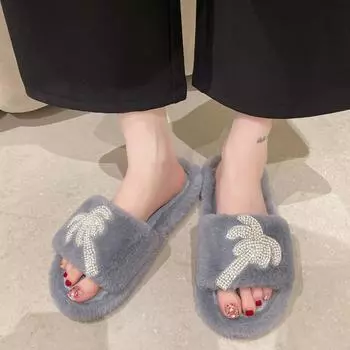 Fashion 2024 Winter New Women s Home Solid Color Pearl Rhinestone Decorated Fluffy Furry Cotton Slippers 36-37 чёрный