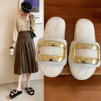 Fashion 2024 Winter New Women s Home Solid Color Metal Decoration Fluffy Furry Cotton Slippers 36-37