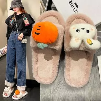 fashion 2024 Winter New Women s Home Solid Color Carrot Rabbit Decorated Fluffy Furry Cotton Slippers 36-37 чёрный