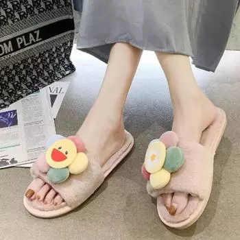 fashion 2024 Winter New Women s Home Colorful Flower Decorated Fluffy Furry Cotton Slippers 36-37 чёрный