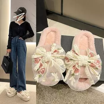 Мода 2024 Зима Новые женские домашние однотонные тапочки из хлопка с бантом 36-37 чёрный