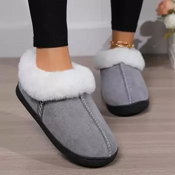 Fashion 2024 Winter Warm Fur Indoor Home Slippers Women Faux Suede Closed Toe Couple Slippers Woman Comfort Soft Sole House Shoes Slides 36-37 серый