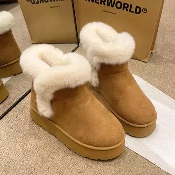 fashion 2024 Winter Warm Long Plush Snow Boots Women Chunky Platform Fur Ankle Boots for Woman Thick Sole Non Slip Cotton Padded Shoes 36 чёрный