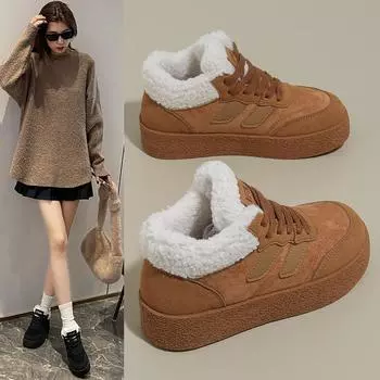 Fashion 2024 Winter Women s New Warm Thick-soled Cotton Shoes Fashionable Lace-up Low-top Sports Shoes Women s Outdoor Casual Snow Boots 35 бежевый