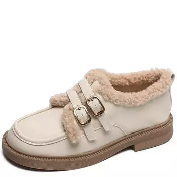 Fashion 2024 Winter Women s Plush Warm Leather Shoes Snow Boots British Style Belt Buckle Ladies Casual Black Loafers 34 чёрный