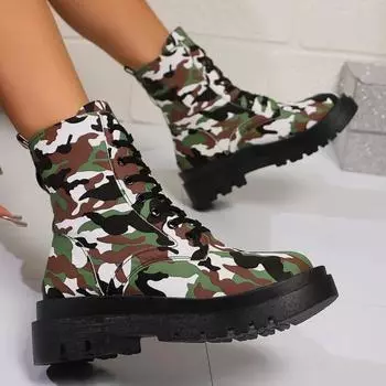 Fashion 2024 Winter Women s Shoes Mid-calf Women s Boots Fashionable Color Matching Modern Lace-up Boots Women s Brand Fashion Boots 36 камуфляж зеленый