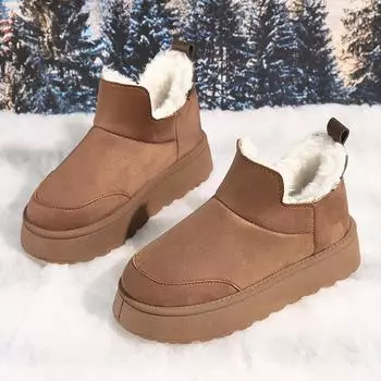 fashion 2024 Winter Women Thicken Plush Warm Snow Boots Thick Sole Heighten Non Slip Cotton Padded Shoes Woman Flat Platform Ankle Boots 36 чёрный