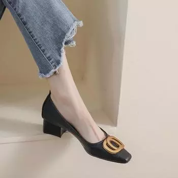 fashion 2024 Woman Fashion Pointed Toe Leather High Heel Kitten Heels Versatile Female Mary Jane Shoes Elegant Comfortable Loafers 35 чёрный