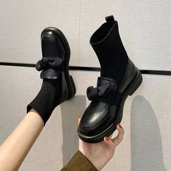 Fashion 2024 Women s Ankle Boots Suede Leather Women Flat Platform Short Boots Ladies Shoes Fashion Autumn Winter Stretch Slip-on Boots 35 чёрный