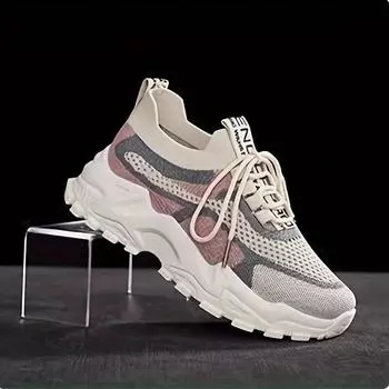 Мода 2024 года женские дышащие летающие тканые кроссовки повседневные туфли на платформе со шнуровкой легкие сетчатые низкие кроссовки 36 розовый