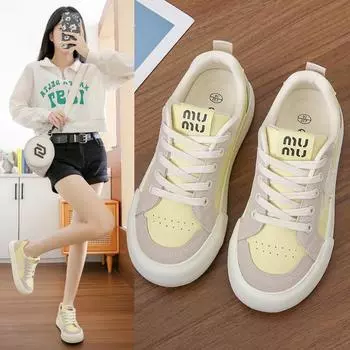 Fashion 2024 Women s Casual Flat Shoes Solid Color Fashion Versatile Sports Lace Up Black Casual Shoes White Sports Shoes 35 бежевый